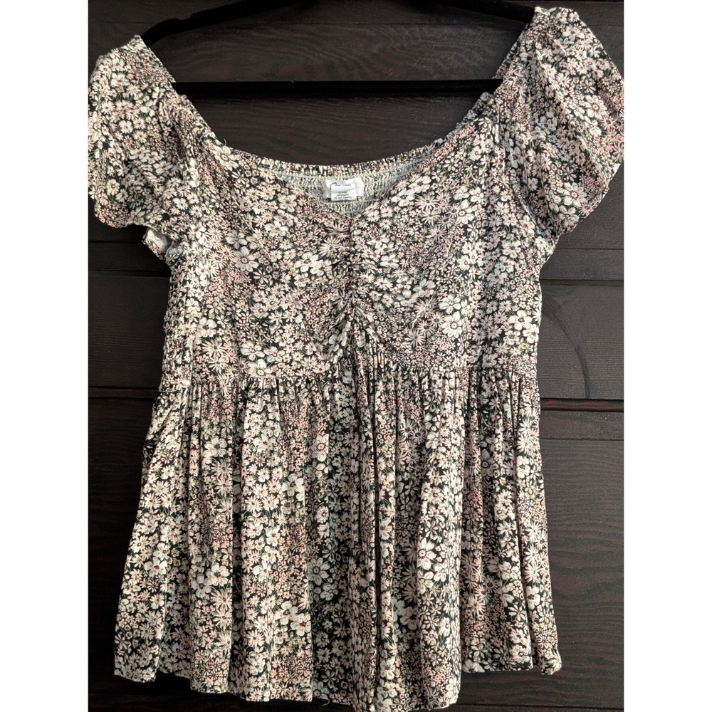 Jopra Floral Babydoll Top Medium Pink Cream Ditsy Boho Peplum Blouse Puff Sleeve